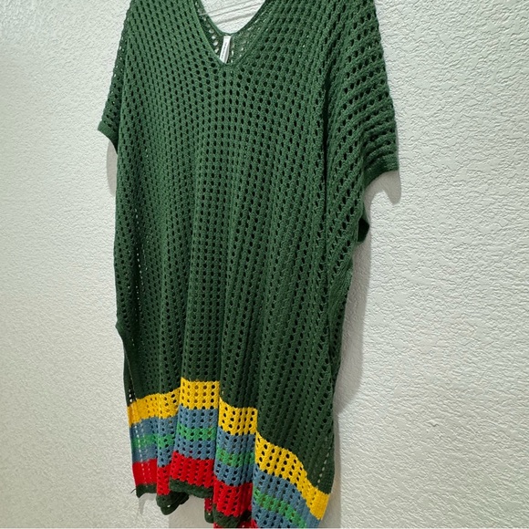 Crochet Knit Sweater Dress Tunic Green Multicolor Stripes 2XL – Fall Layering - Picture 4 of 9